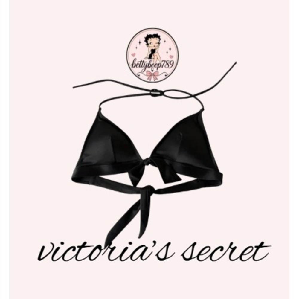 Victorias Secret Black Triangle Bikini Top Halter Front Bow Swim Size M